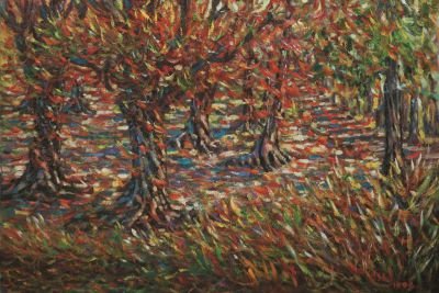 W026 吳文珩---雲南紅葉小徑 Yunnan，The road of Red leaves 72x100cm 油畫 1994